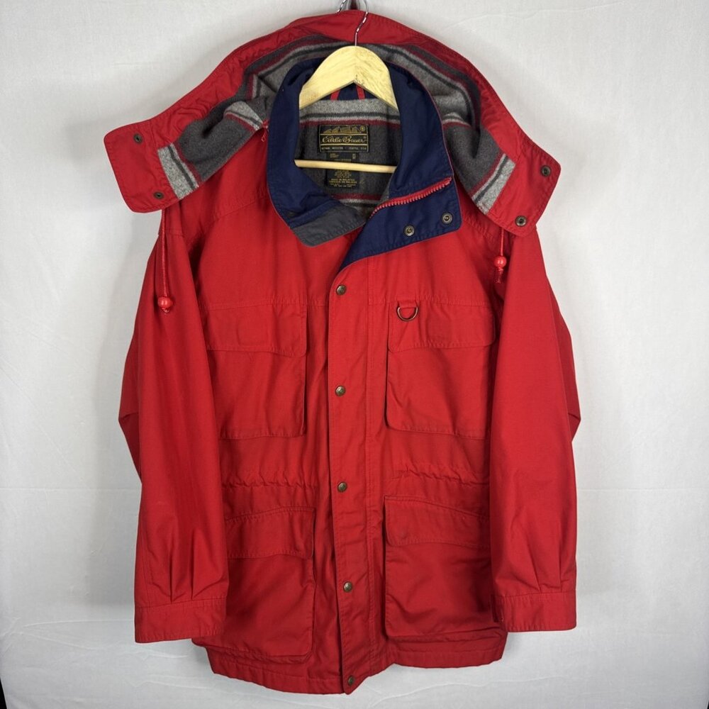 Eddie Bauer Red Hooded Parka Jacket Wool Blend Lined Men’s M Vintage